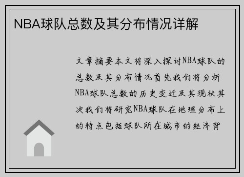 NBA球队总数及其分布情况详解